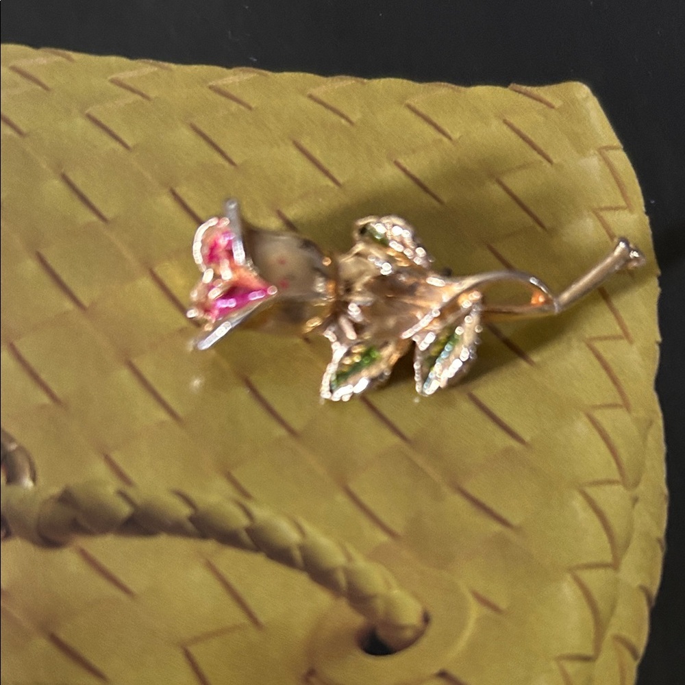 Vintage Gold-Tone Rose Brooch with Pink Enamel Flower and Green Leaves